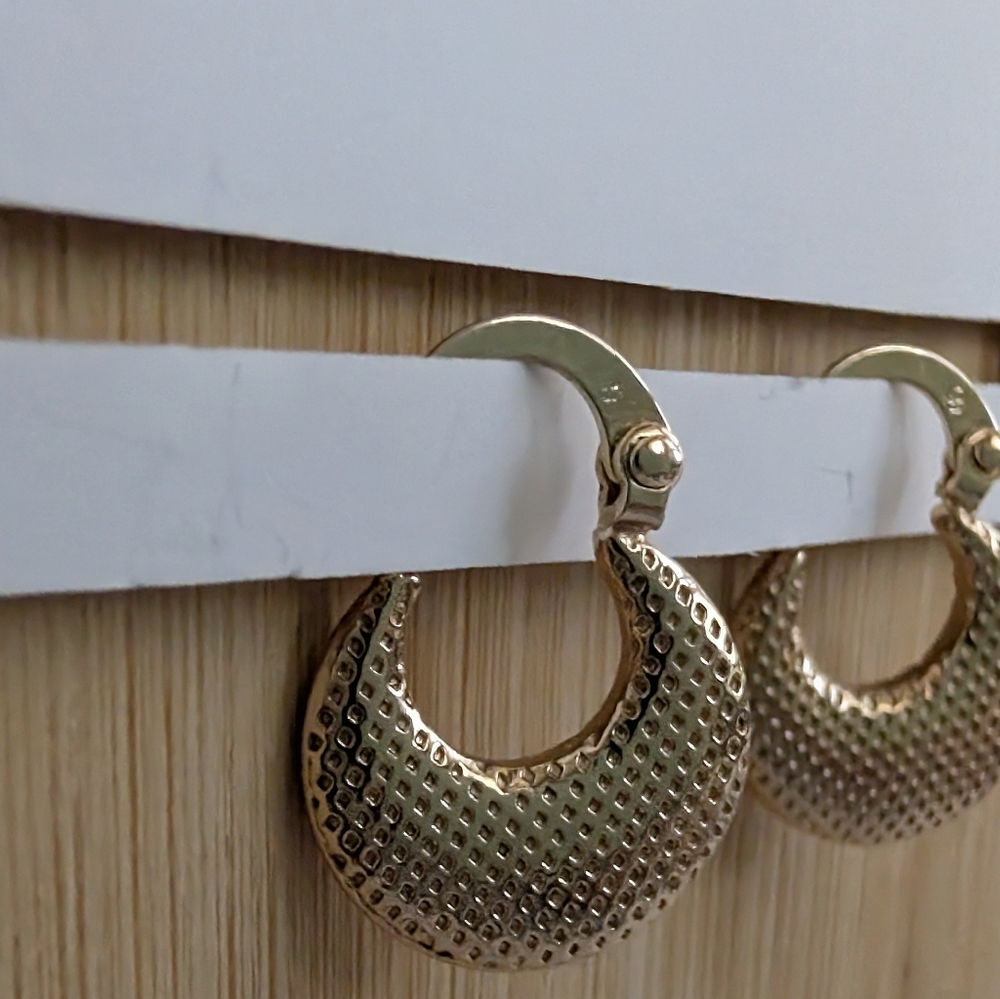 Crescent Moon Hoop Earrings Gold Basket Weave Earrings Pierced